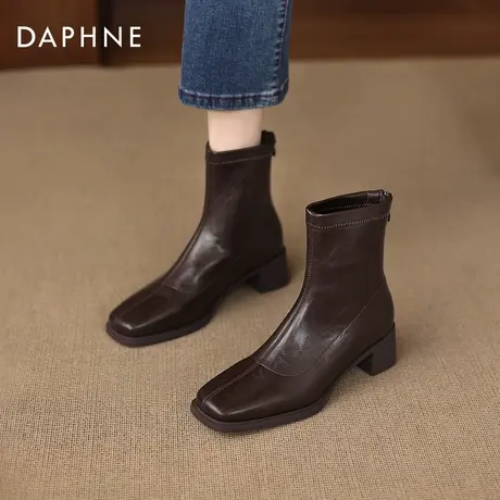 达芙妮棕色短靴女2026新款冬季加绒粗跟马丁靴方头瘦瘦靴妈妈皮靴图片