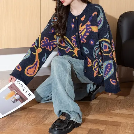 唐狮秋冬季女毛衣复古花纹图案设计开衫外套设计感韩系毛线衫tu商品大图