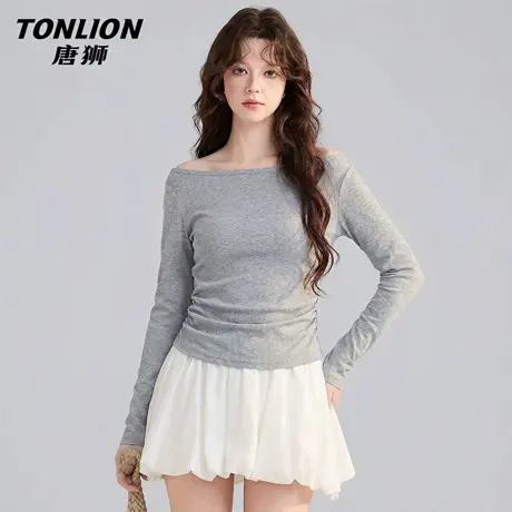 唐狮官方灰色修身长袖t恤女2026新款春秋款女士一字领内搭上衣VB图片