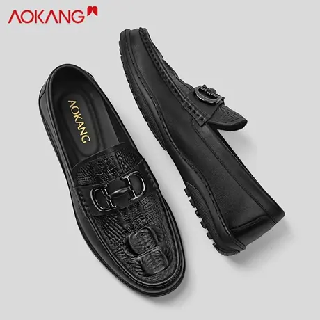 奥康新款鳄鱼纹头层牛皮豆豆鞋男真皮英伦风高档商务休闲皮鞋懒人商品大图