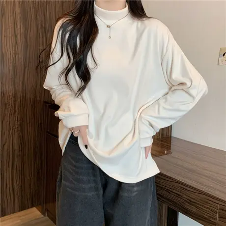 半高领打底衫女秋冬加绒加厚内搭上衣韩版宽松德绒保暖长袖T恤潮商品大图