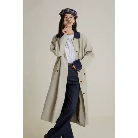 弥古拼色风衣女款2023新款秋季小个子宽松气质大衣外套长款高级感商品大图