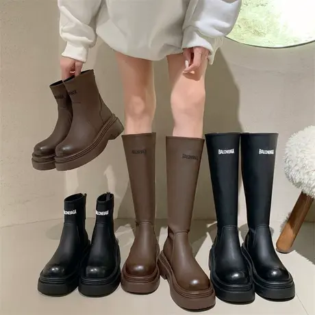靴子女2023新款春秋复古厚底增高法式潮流直筒显瘦马丁粗跟骑士靴商品大图