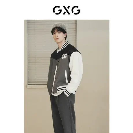 【龚俊同款】GXG男装 pu拼接胸前毛巾绣撞色棒球服夹克外套S图片