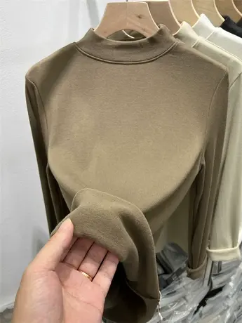 半高圆领加薄绒长袖T恤女2023秋冬新款纯色修身内搭打底衫上衣厚图片