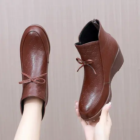 靴子女2023大码女靴41一43秋季真皮坡跟中跟新款爆款显瘦加绒短靴商品大图