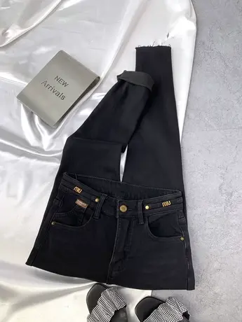 复古字母牛仔加绒铅笔裤女2023秋冬新款加厚高腰显瘦弹力小脚裤潮商品大图