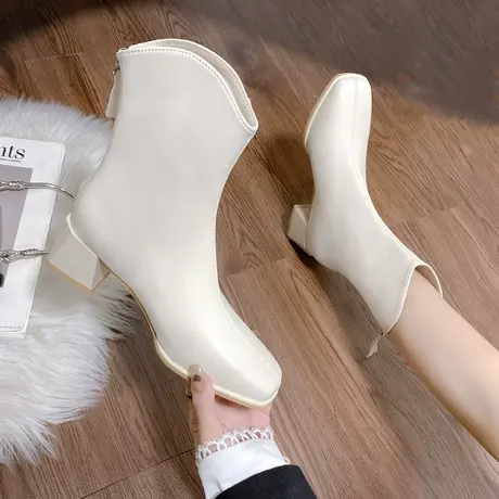 女靴2023新款瘦瘦靴女显瘦马丁靴秋冬短靴子女加绒白色粗跟高跟鞋商品大图