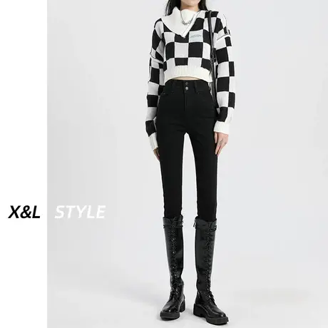 黑色高腰牛仔裤女秋冬2023新款加绒复古显瘦小脚紧身弹力铅笔裤子图片