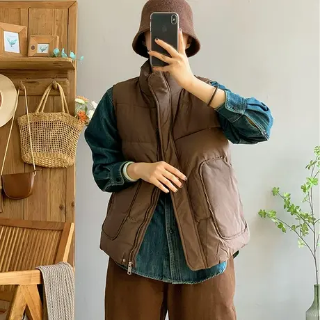 dza 复古短款立领拉链夹棉马甲背心女冬外穿坎肩上衣休闲棉衣马夹商品大图