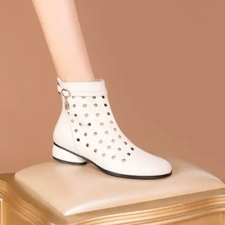 春夏新款短靴镂空透气单靴真皮女凉鞋洞洞靴子粗跟马丁靴圆头凉靴图片