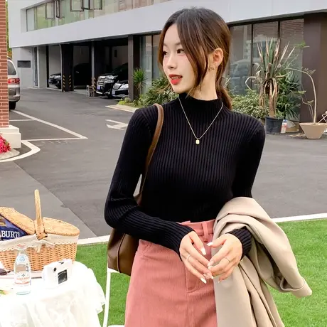 唐狮2023秋冬款内搭黑色半高领打底衫女修身显瘦打底毛针织衫po商品大图