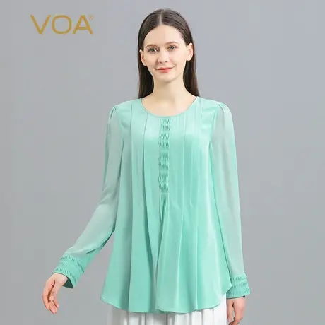 VOA真丝30姆米重磅绿色线条感设计风琴褶乔其拼接长袖桑蚕丝T恤图片