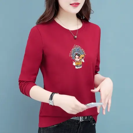 恋上17号早秋圆领纯棉t恤女薄款2023年春秋装新款中年宽松大码图片