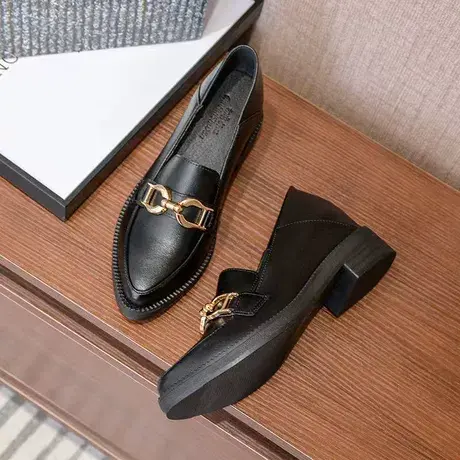 真皮乐福鞋女2023新款秋冬季内增高职业工作小皮鞋英伦风尖头单鞋商品大图