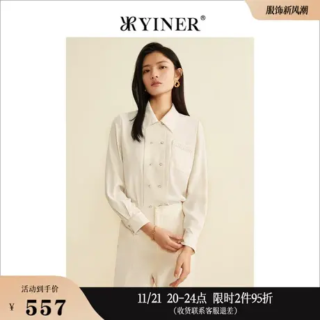 YINER音儿女装秋季白色长袖设计感上衣polo衬衫商品大图