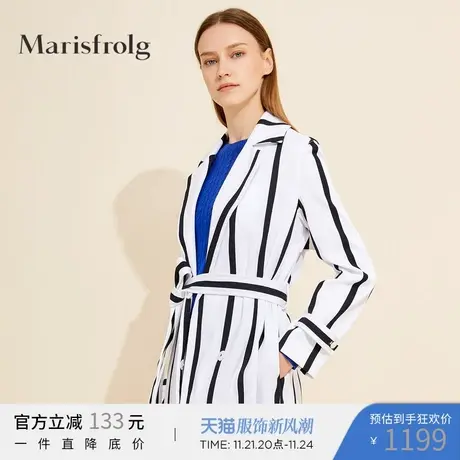Marisfrolg玛丝菲尔2019春季新款竖条纹中长款气质翻领风衣外套商品大图
