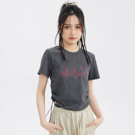 尔给显瘦侧边抽绳短款上衣夏季设计感小众短袖潮牌t恤女2023新款商品大图