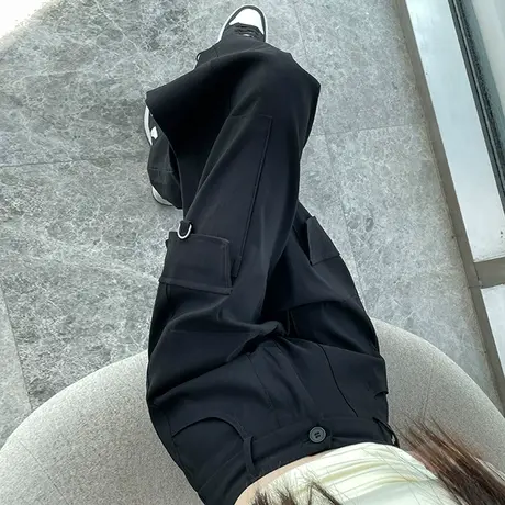 美式阔腿束脚工装裤女2024春秋新款高腰束脚黑色九分运动休闲裤子商品大图