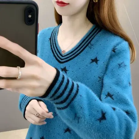 女士毛衣2023年早秋新款上衣女装宽松韩版洋气V领仿水貂绒针织衫商品大图