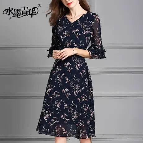 【1件7.9折】夏装新品时尚修身收腰短袖印花连衣裙商品大图