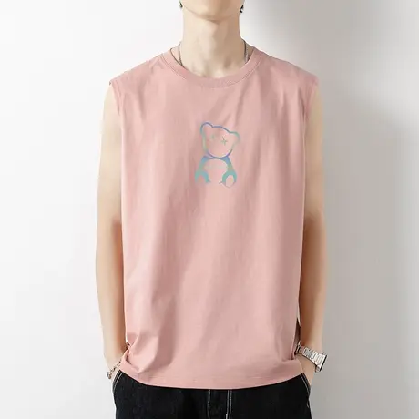 男士背心2024新款纯棉小熊无袖t恤男装粉色运动健身坎肩夏天外穿商品大图