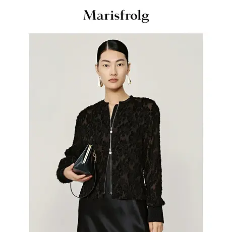【提花剪花工艺】玛丝菲尔冬季黑色压褶茧型休闲垂坠短外套商品大图