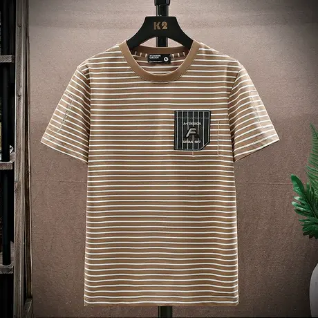 男短袖t恤条纹夏季潮流百搭个性刺绣潮牌休闲半袖运动服圆领上衣图片