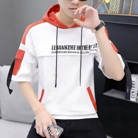 短袖T恤卫衣男士连帽5分中袖t恤夏季宽松外套半袖薄款潮流上衣服商品大图