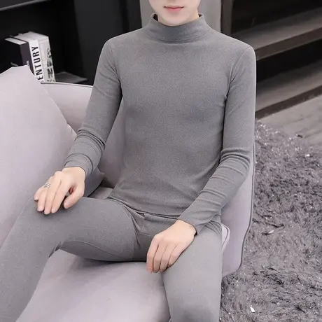 双面德绒无痕中领保暖内衣套装男士磨毛打底衫青年半高领秋衣秋裤商品大图