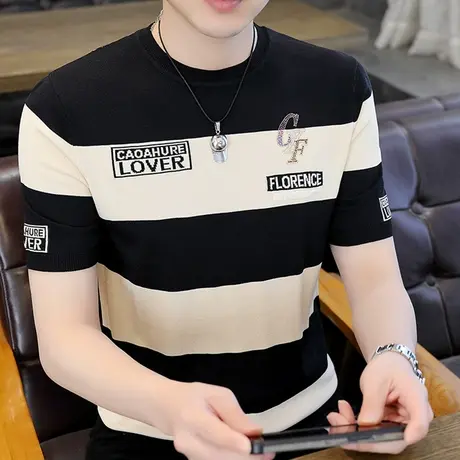 条纹针织短袖t恤男士薄款潮牌高端夏装欧货冰感体恤半袖冰丝上衣图片