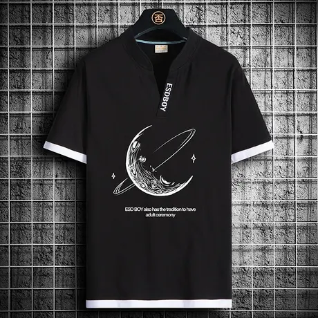 V领短袖男夏季潮流百搭POLO衫青少年帅气体恤宽松印花棉感男士T恤商品大图