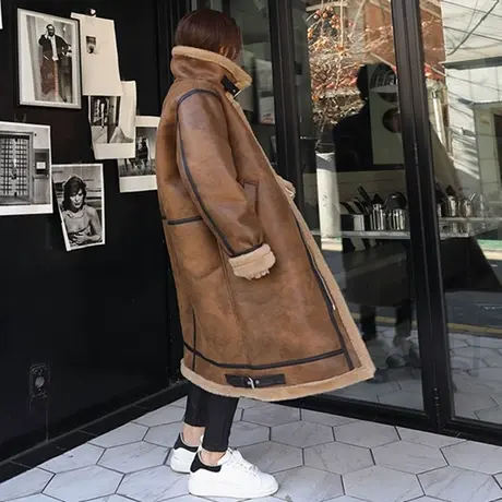 冬装新款羊羔毛鹿绒皮复合棉衣女过膝长款韩版宽松大码棉服外套潮商品大图
