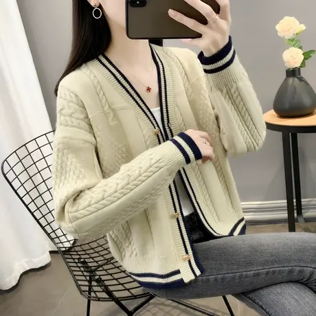 毛衣外套女2025春季新款宽松软糯针织麻花开衫学院风拼色单排扣潮图片