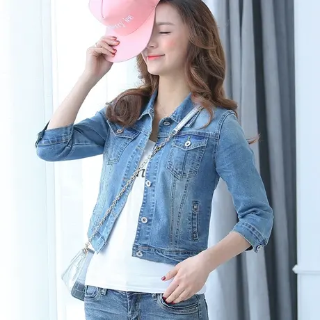牛仔外套女短款修身韩版潮显瘦学生七分长袖春秋牛仔服上衣弹力S5商品大图
