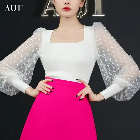AUI白色名媛气质灯笼袖针织衫女2023春季新款设计感方领网纱上衣图片