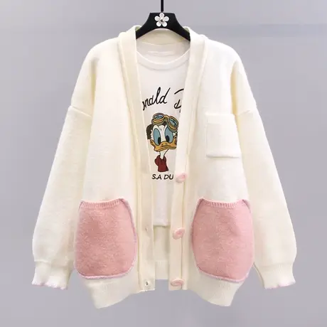 小清新甜美撞色大口袋毛衣外套女秋冬2023新款宽松慵懒风针织开衫商品大图