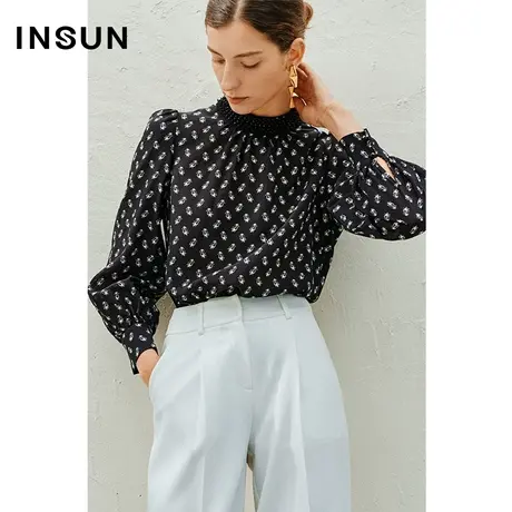 INSUN恩裳线上专选春季100%桑蚕丝印花钉珠灯笼袖衬衫商品大图