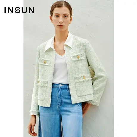 INSUN恩裳线上专选春季法式淡绿色粗花呢短款外套商品大图