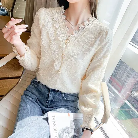 蕾丝打底衫女春秋冬款新款小衫2023新品时尚加绒减龄漂亮洋气小衫商品大图