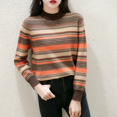 半高领加厚复古条纹毛衣女2023冬季新款内搭针织打底衫宽松上衣女商品大图