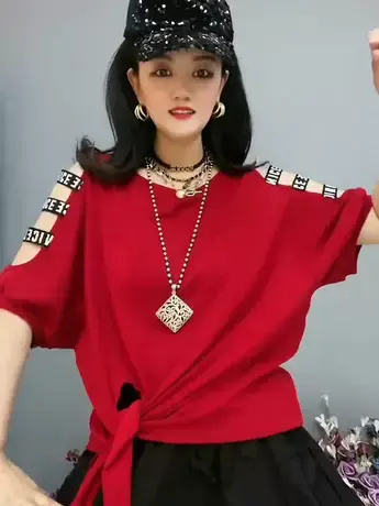 个性设计款大漏肩T恤2023夏季新款短袖薄款街头圆领上衣蝙蝠袖t恤商品大图