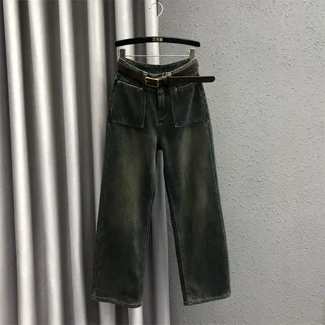 欧货阔脚直筒裤女23秋冬新款深蓝色立体口袋高腰百搭加绒牛仔长裤商品大图