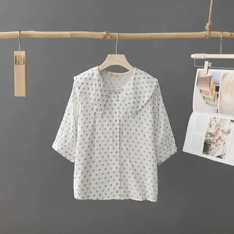 法式小众波点短袖衬衫女春夏新款大翻领娃娃衫宽松百搭上衣女装薄商品大图
