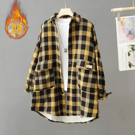 休闲格子加绒加厚衬衫外套女装2024新款爆款秋冬季中长款大码棉衣图片