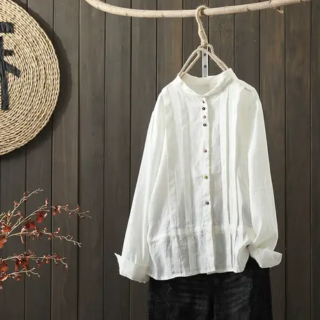 枫谜2021年秋装新款文艺复古褶皱棉麻立领衬衫女宽松彩扣衬衣开衫商品大图