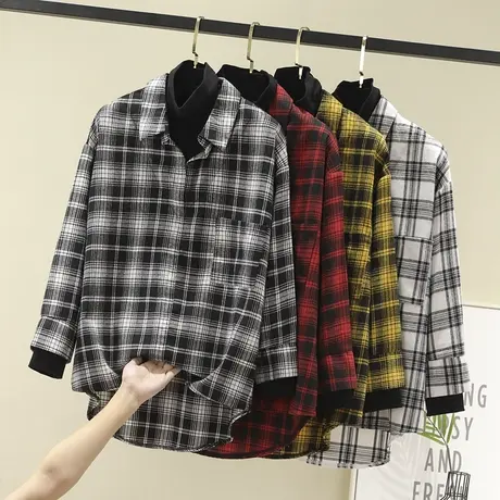 韩版秋装新款港味chic假两件格子衬衫女学生宽松长袖上衣薄外套潮图片