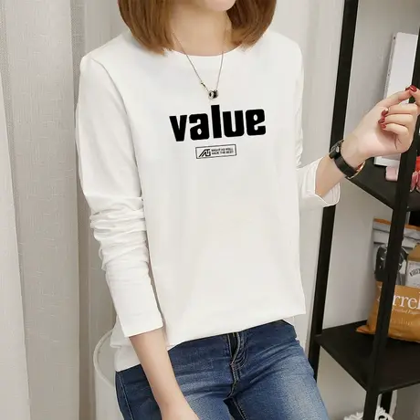 白色t恤女长袖纯棉打底衫2022年春装新款韩版百搭基础款学生上衣图片