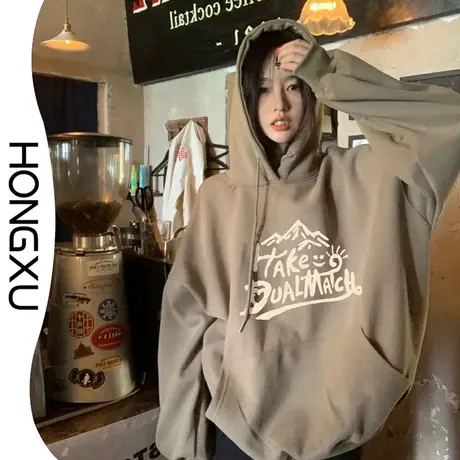 红续卡其色加绒连帽卫衣女2023秋冬新款小众潮牌印花套头上衣学生图片