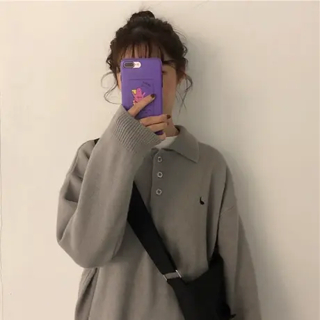 2021秋冬新款韩版ins潮套头慵懒风bf宽松polo领毛衣针织衫女上衣商品大图